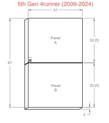 5th Gen 4Runner mattress dimensions diagram with labeled panels and measurements.