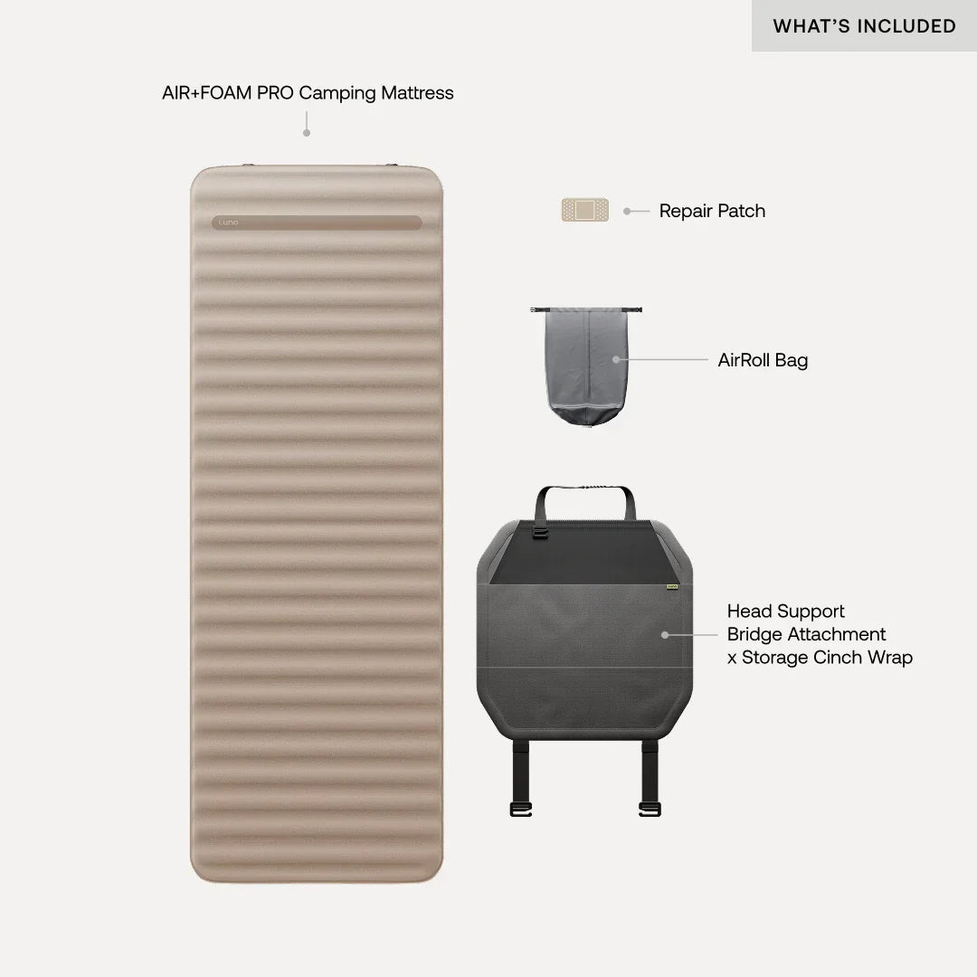 Air foam camping mattress with repair patch, carry bag, and head support bridge included.