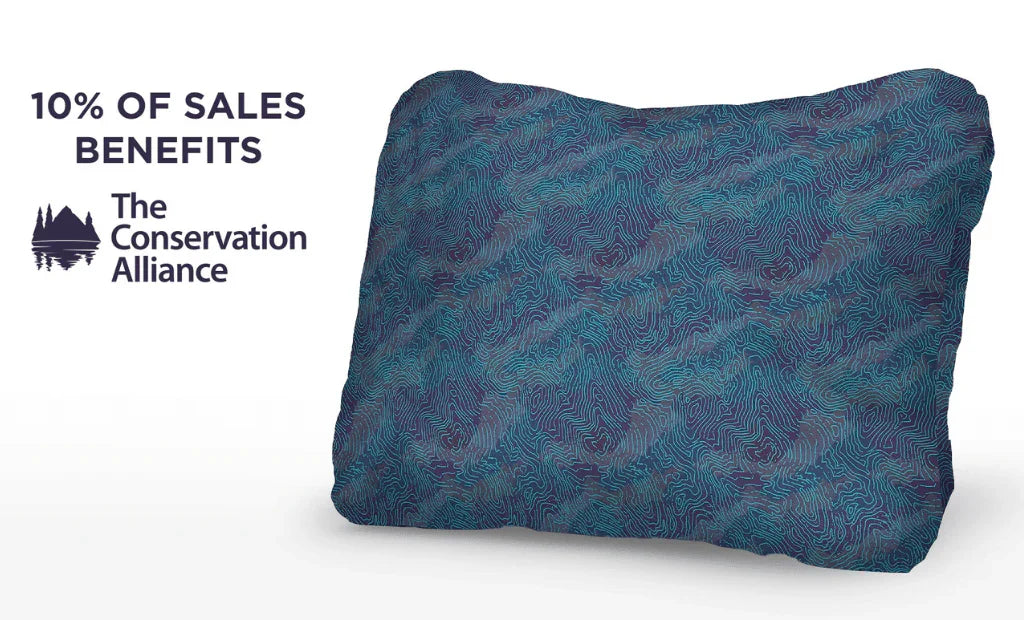 Outdoor-themed pillowcase with blue topographic pattern, supports The Conservation Alliance