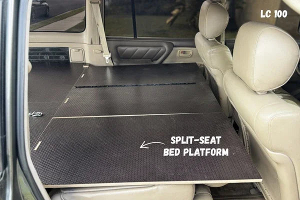 Split-seat bed platform for overlanding storage in SUV