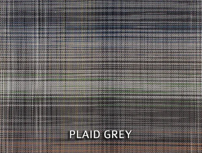 Plaid grey fabric texture sample with intersecting grey and black lines, labeled 'PLAID GREY'.