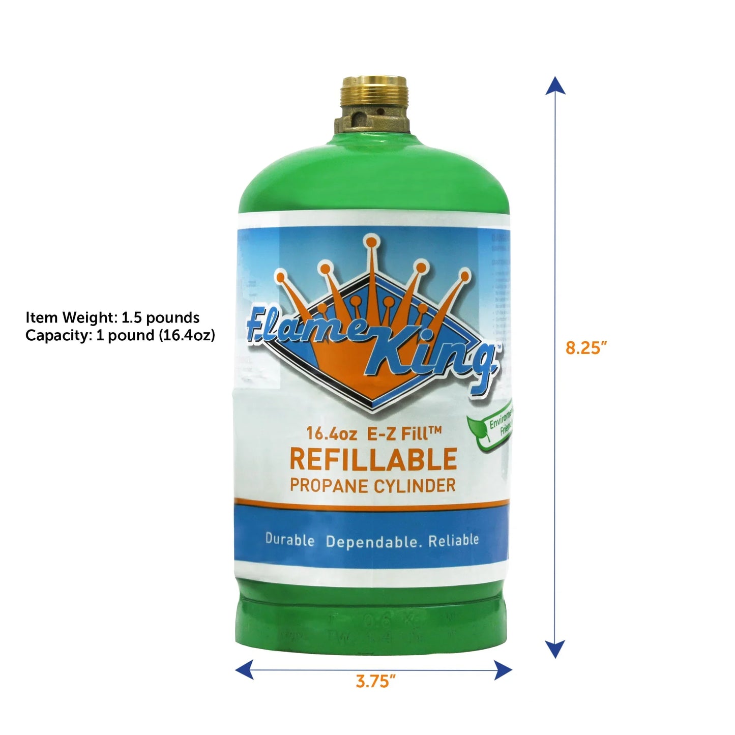 Refillable 1 lb propane cylinder with green top, 8.25 inch height, 3.75 inch width