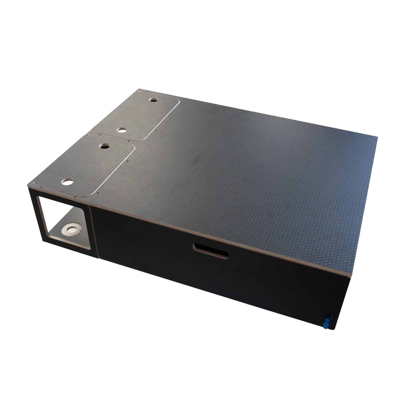 Vehicle storage drawer system made of solid wood with a textured black finish