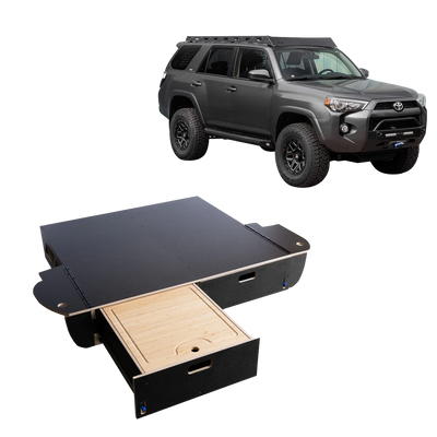 SUV shown with a black wood vehicle storage drawer system for trunk organization