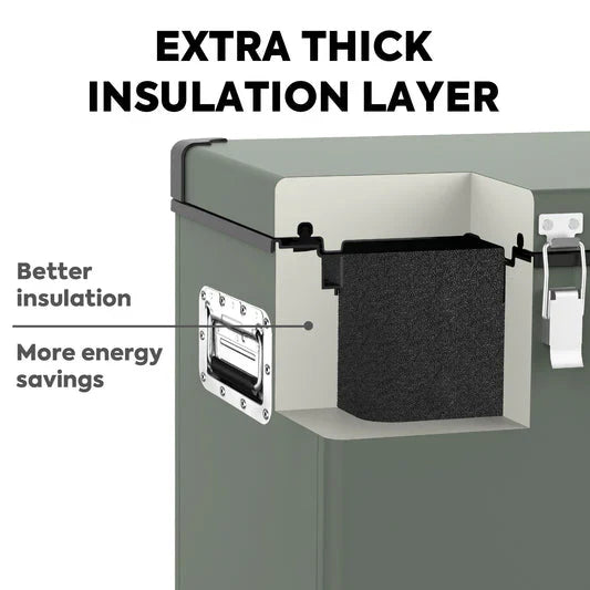 Vehicle storage drawer with extra thick insulation layer for improved energy efficiency
