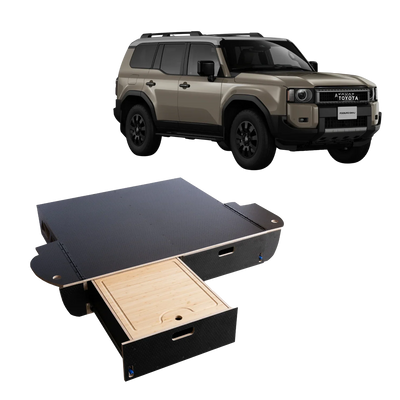 SUV with custom solid wood vehicle drawer system storage solution, drawer extended