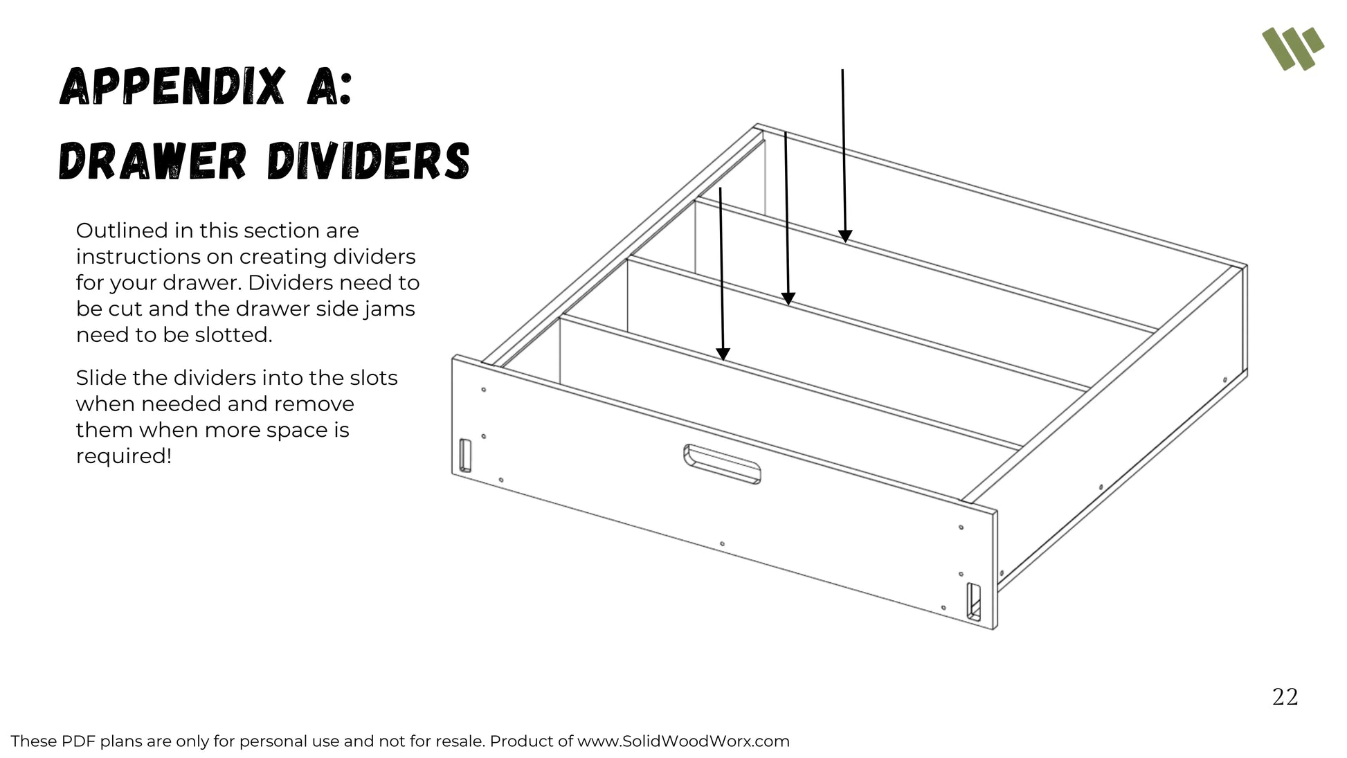 Drawer with removable dividers, illustrated for DIY drawer organizer build instructions.