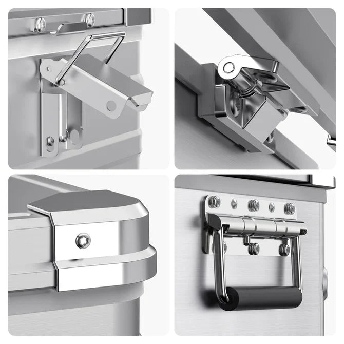 Close-up of heavy-duty metal storage box hardware, including latches, handle, and reinforced corners.