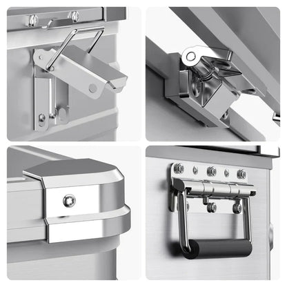 Close-up of heavy-duty metal storage box hardware, including latches, handle, and reinforced corners.