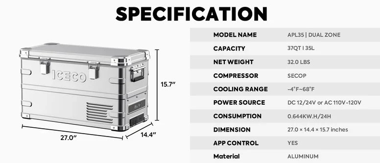 Silver dual zone portable fridge freezer with side handles and detailed product specifications chart.