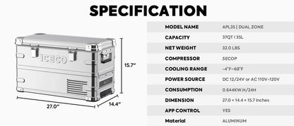 Silver dual zone portable fridge freezer with side handles and detailed product specifications chart.