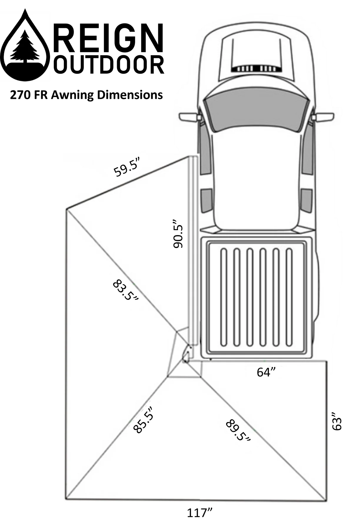 Truck bed with rooftop tent dimensions diagram, showing length and width measurements.