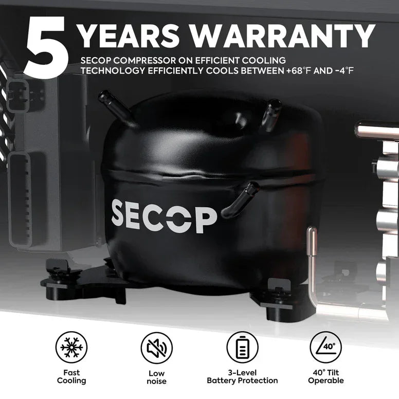SECOP compressor for vehicle storage cooling system, 5-year warranty, fast cooling, low noise, battery protection