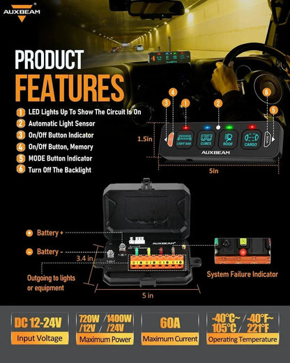Auxbeam 4-Gang Switch Panel — Bluetooth