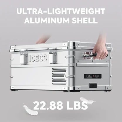 Ultra-lightweight aluminum storage box with ICECO logo, digital display, and carrying handles