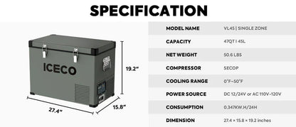 Portable vehicle fridge model VL45 with dimensions and specs, ideal for car storage solutions