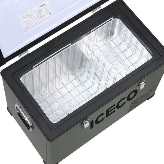 Open ICECO portable fridge freezer with single compartment and wire basket insert