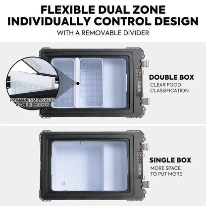 Dual zone vehicle storage drawer with removable divider and control panel, shown as double and single compartments.
