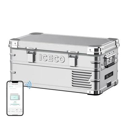 Silver portable vehicle fridge freezer with smart control app on smartphone, metal latches, and side handles.