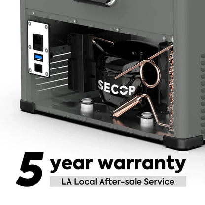 Close-up of a vehicle storage drawer compressor unit with five year warranty text