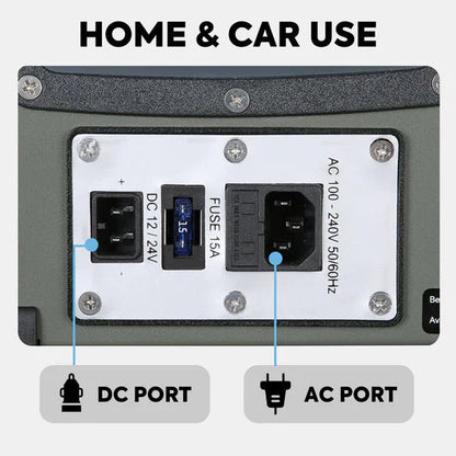 Power adapter with AC and DC ports for home and car use, labeled for easy connection.