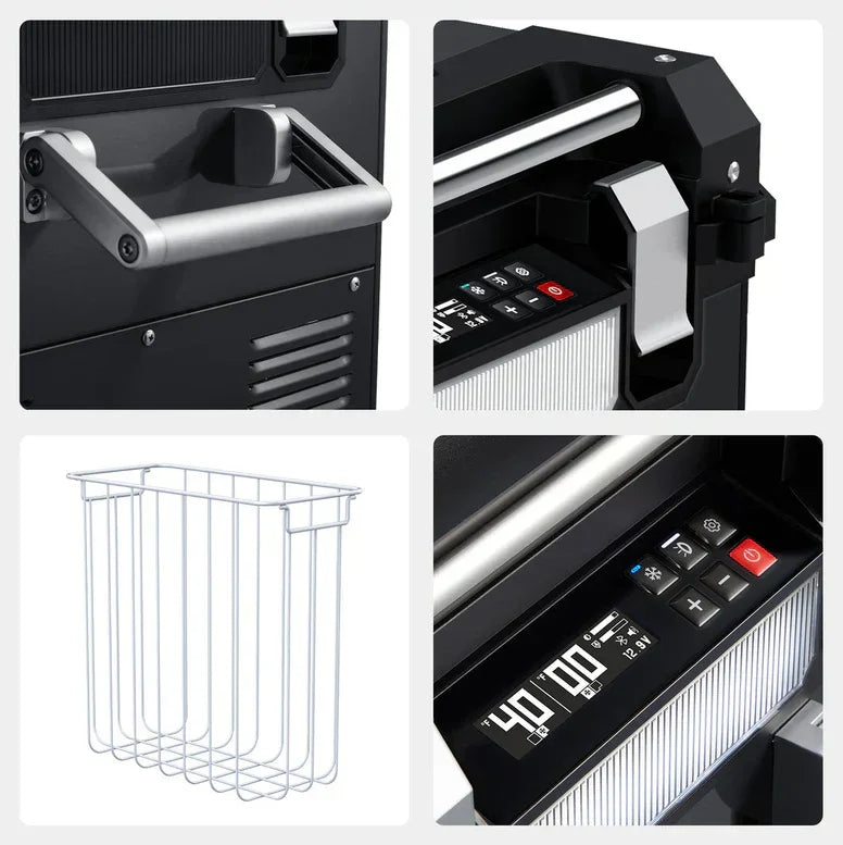 Collage showing metal storage box handle, digital control panel, wire basket, and latch details