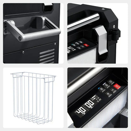 Collage showing metal storage box handle, digital control panel, wire basket, and latch details
