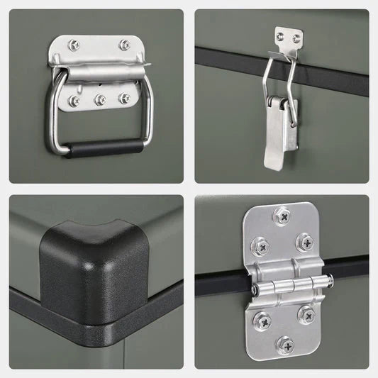 Close-up of metal storage box handle, latch, reinforced corner, and hinge hardware.