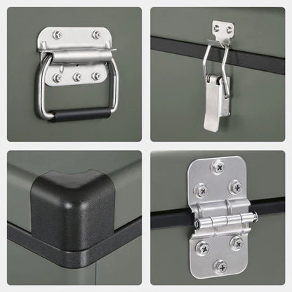 Close-up of metal storage box handle, latch, reinforced corner, and hinge hardware.