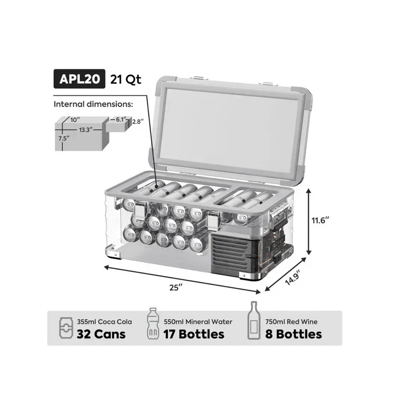 21 quart portable vehicle storage box with interior dimensions, can and bottle capacity diagram.