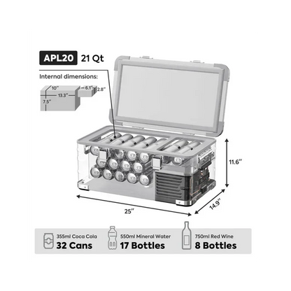 21 quart portable vehicle storage box with interior dimensions, can and bottle capacity diagram.