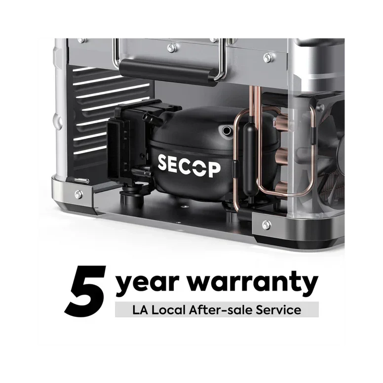 SECOP compressor closeup with copper piping, 5 year warranty, LA local after-sale service