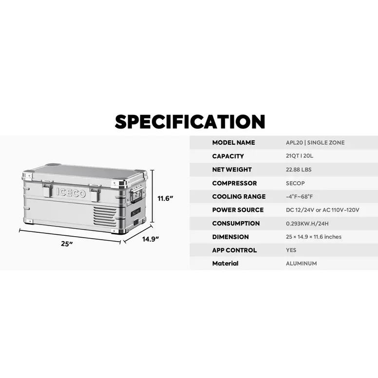Portable aluminum vehicle refrigerator with dimensions and specifications displayed.