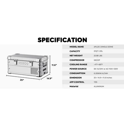 Portable aluminum vehicle refrigerator with dimensions and specifications displayed.