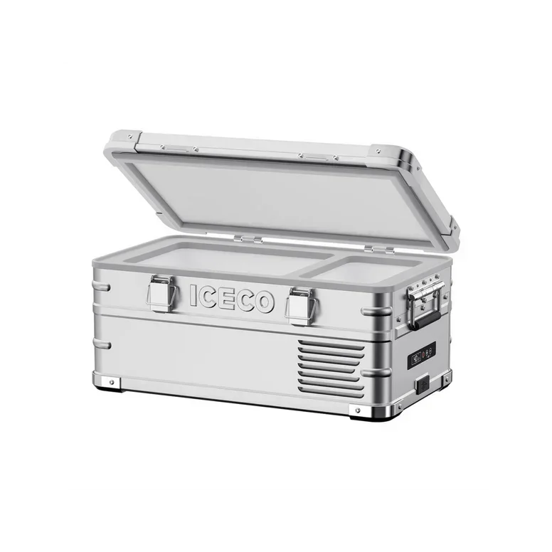 Portable aluminum vehicle storage box with open lid and ICECO logo, ideal for car organization.