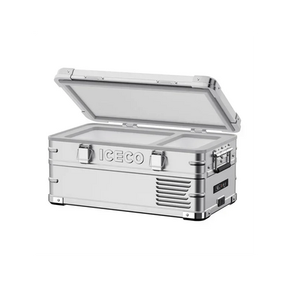 Portable aluminum vehicle storage box with open lid and ICECO logo, ideal for car organization.