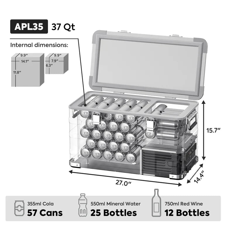 Transparent view of a 37 qt storage box with internal dimensions and can, bottle, wine capacity diagram.