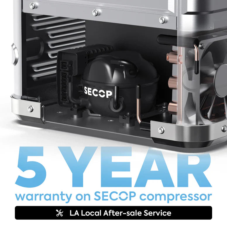 Close-up of SECOP compressor in vehicle fridge with 5 year warranty text and metal components