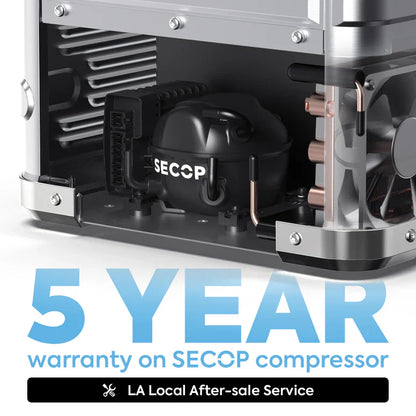 Close-up of SECOP compressor in vehicle fridge with 5 year warranty text and metal components