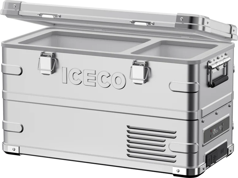 Stainless steel portable vehicle refrigerator freezer with dual compartments and open lid