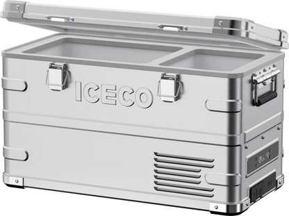 Stainless steel portable vehicle refrigerator freezer with dual compartments and open lid