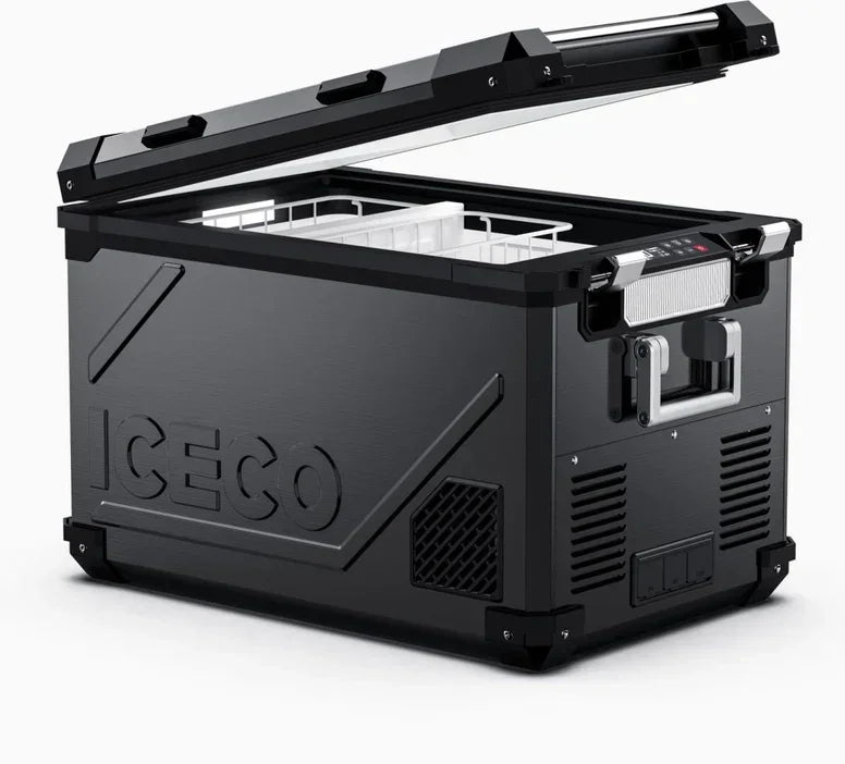 Black portable vehicle fridge freezer with open lid and built-in digital control panel