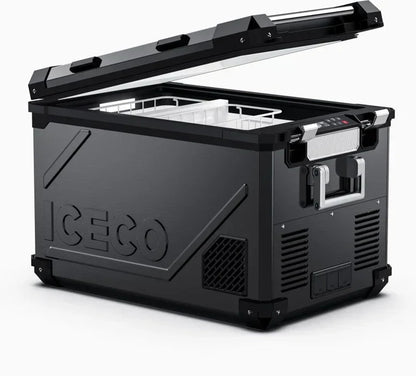 Black portable vehicle fridge freezer with open lid and built-in digital control panel