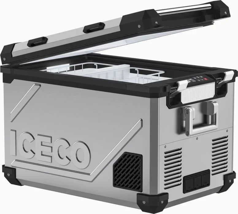 Silver portable vehicle fridge with open lid, side handles, and digital control panel