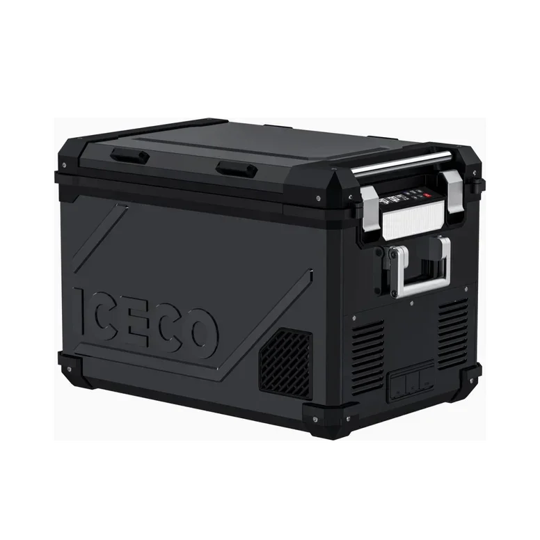 Portable black vehicle fridge freezer with handles and ICECO logo, ideal for car storage.