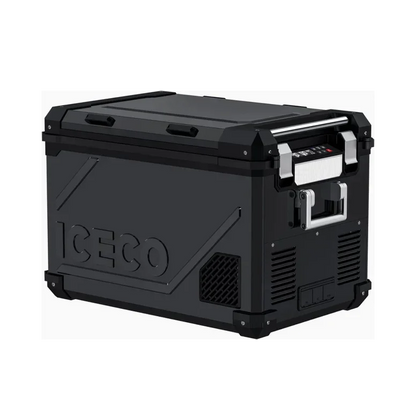 Portable black vehicle fridge freezer with handles and ICECO logo, ideal for car storage.