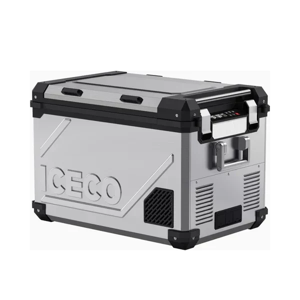 Portable stainless steel vehicle fridge freezer with ICECO branding, sturdy handles, and control panel