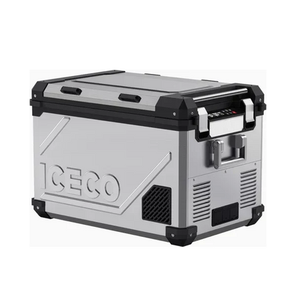 Portable stainless steel vehicle fridge freezer with ICECO branding, sturdy handles, and control panel