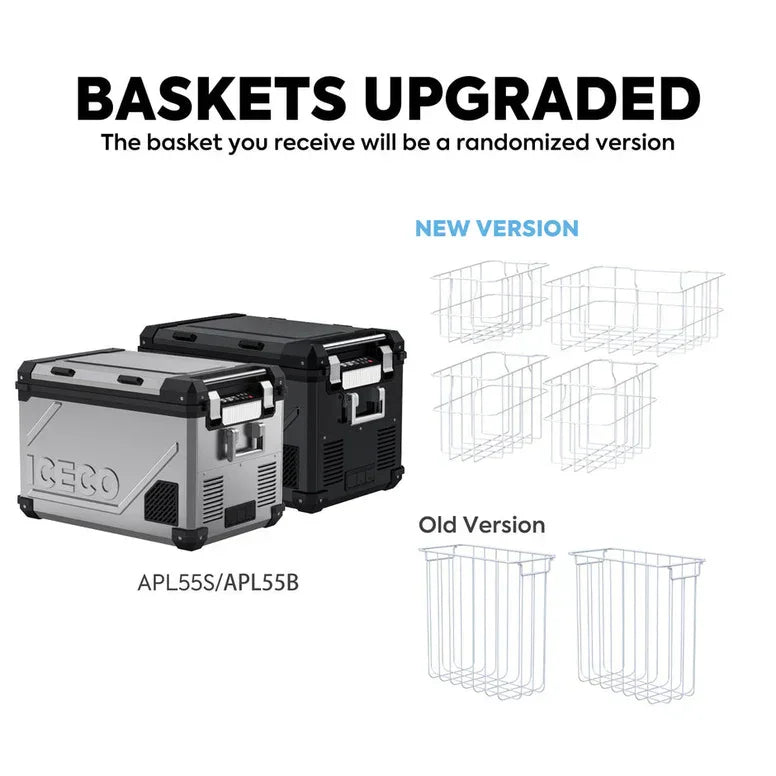 Upgraded wire baskets for APL55S and APL55B vehicle storage drawers, new and old versions shown.