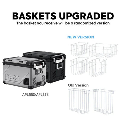 Upgraded wire baskets for APL55S and APL55B vehicle storage drawers, new and old versions shown.